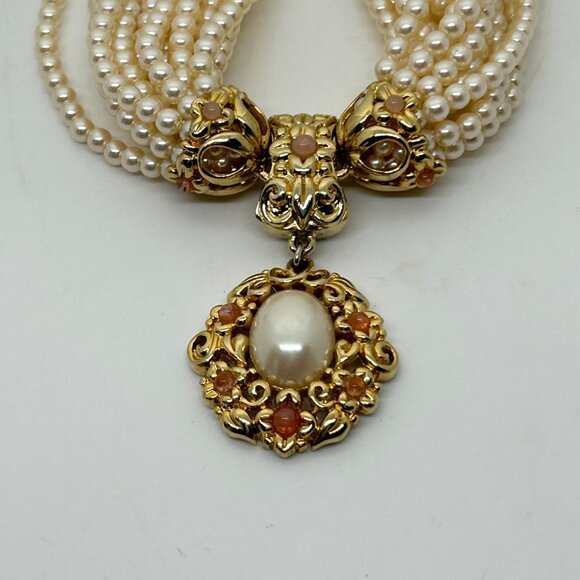 Vintage Faux Pearl Torsade Necklace With Ornate Gold-Tone Pendant & Rhinestones - Picture 4 of 14